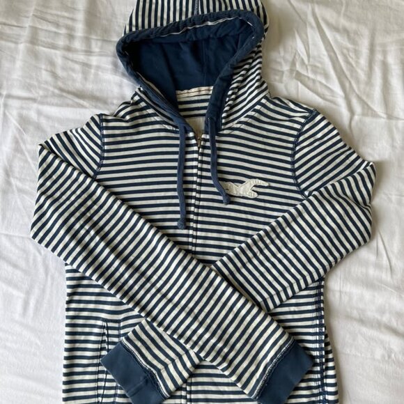 VINTAGE Y2K 2000's Navy Striped Hollister Zip Up Hoodie - Picture 1 of 3